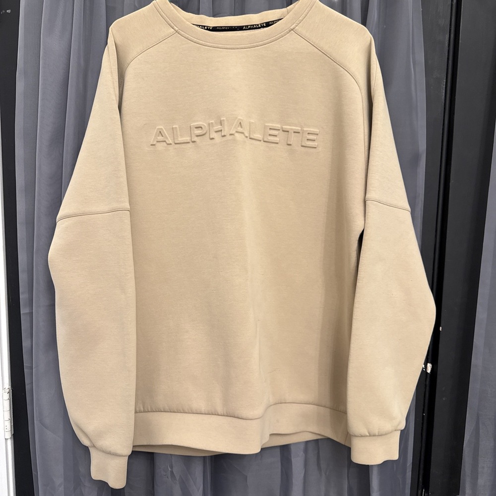 Alphalete ELMTS Crewneck Men"s Sweatshirt XL Beige Tan Embossed Elements Scuba